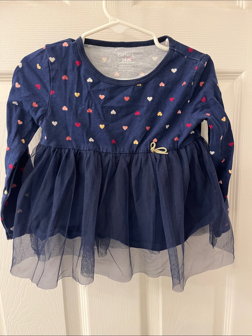 Carter's Navy Long-Sleeve Heart Print Tulle Dress Top